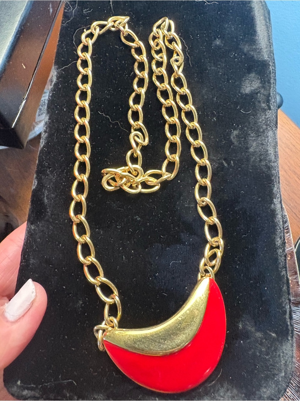 Vintage Monet Gold Chain Necklace with Red Crescent Pendant